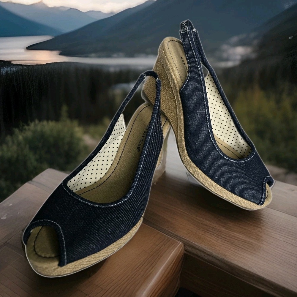 Montego Bay Club Blue Denim Wedge Sandals Peep Toe Sling Back‎ WMS SZ 7.5 NWOB